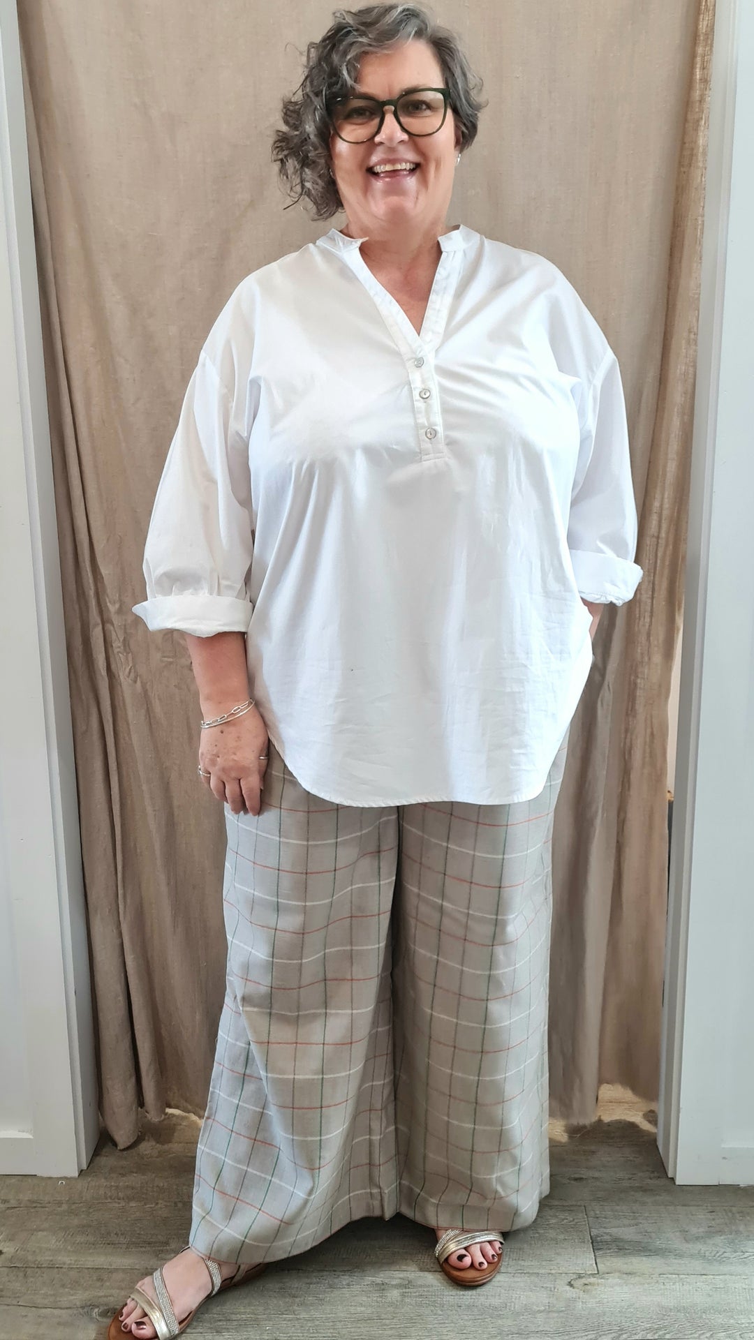 C&B Limited Edition Wide Leg Pants in Oatmeal Grid